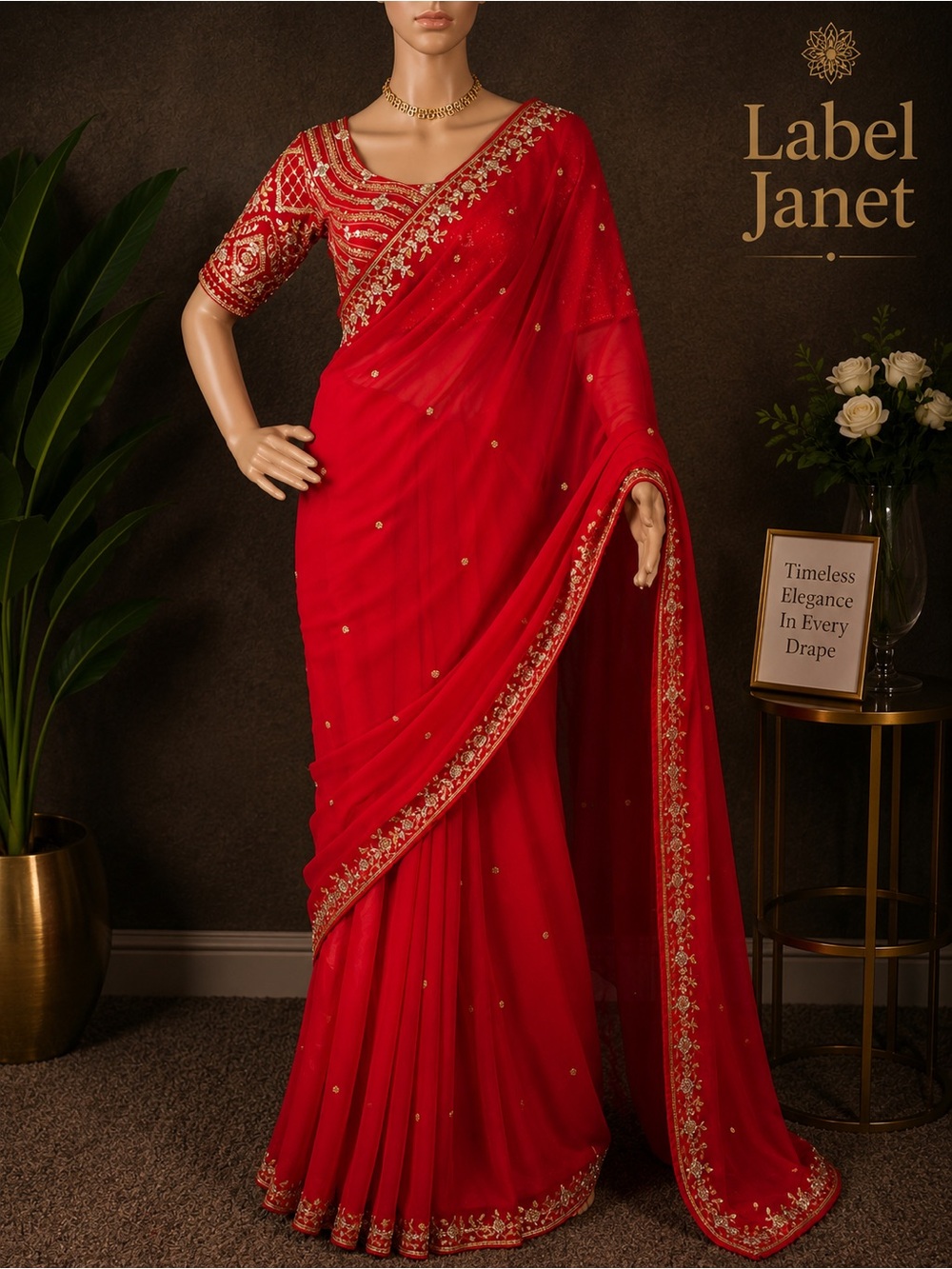 Red Embroidered Saree with Gold Accents & stitched blouse (Brand New)